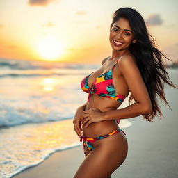 A stunning Sri Lankan woman in a vibrant bikini, standing gracefully on a sandy beach