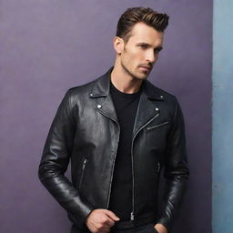 A stylish man in a leather jacket posed against an enchanting, aesthetically pleasing background.