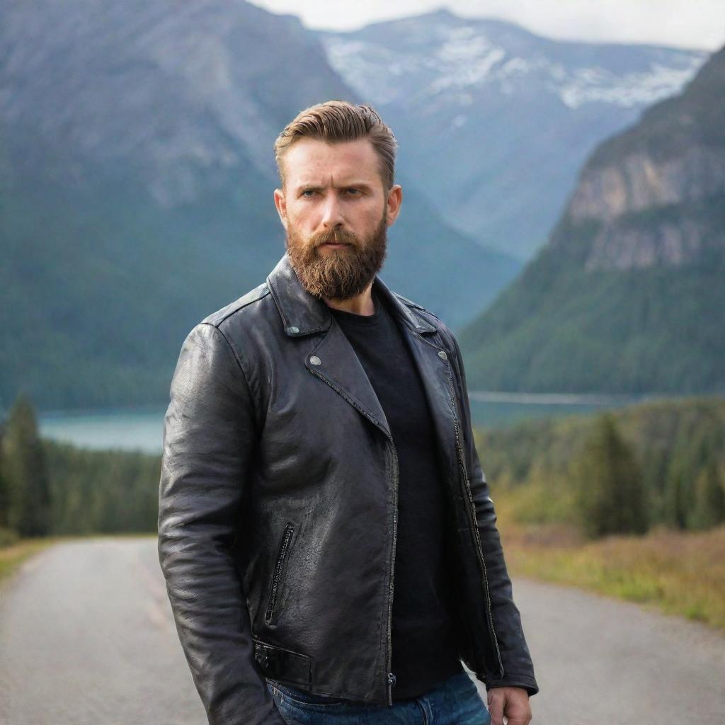 A bearded man in a leather jacket, poised in front of a majestic scenic backdrop.