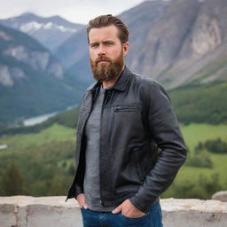 A bearded man in a leather jacket, poised in front of a majestic scenic backdrop.