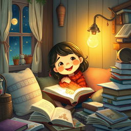 An enchanting and heartwarming illustration titled 'Uma menina que gostava de ler'