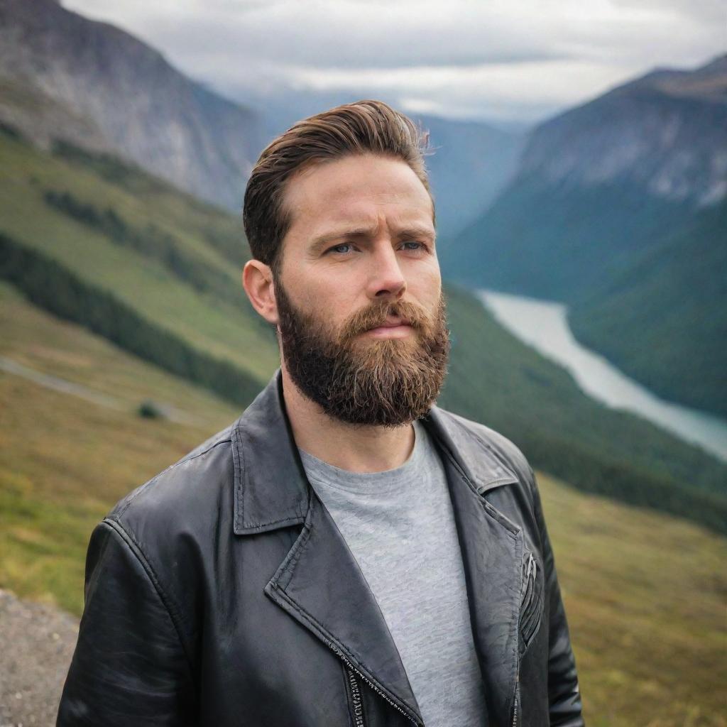 A bearded man in a leather jacket, poised in front of a majestic scenic backdrop.