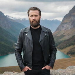 A bearded man in a leather jacket, poised in front of a majestic scenic backdrop.