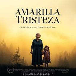 A movie poster for 'Amarilla Tristeza', a heart-wrenching story of an elderly grandmother, a mother, and a young girl being evicted from their farmhouse in a misty forest