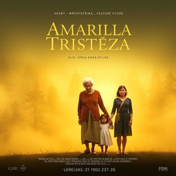 A movie poster for 'Amarilla Tristeza', a heart-wrenching story of an elderly grandmother, a mother, and a young girl being evicted from their farmhouse in a misty forest