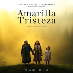 A movie poster for 'Amarilla Tristeza', a heart-wrenching story of an elderly grandmother, a mother, and a young girl being evicted from their farmhouse in a misty forest