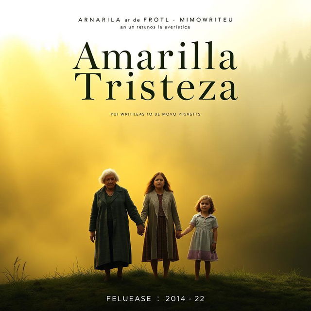 A movie poster for 'Amarilla Tristeza', a heart-wrenching story of an elderly grandmother, a mother, and a young girl being evicted from their farmhouse in a misty forest