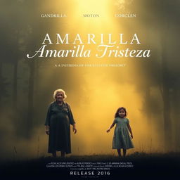 A movie poster for 'Amarilla Tristeza', a heart-wrenching story of an elderly grandmother, a mother, and a young girl being evicted from their farmhouse in a misty forest