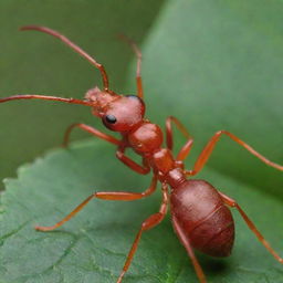 A detailed close-up view of a red ant, with emphasis on its intricate anatomy and vibrant red color against a leafy green background.