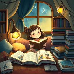 An enchanting and heartwarming illustration titled 'Uma menina que gostava de ler'