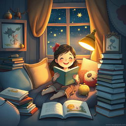 An enchanting and heartwarming illustration titled 'Uma menina que gostava de ler'