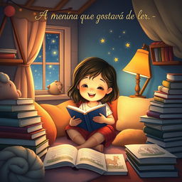 An enchanting and heartwarming illustration titled 'A menina que gostava de ler'