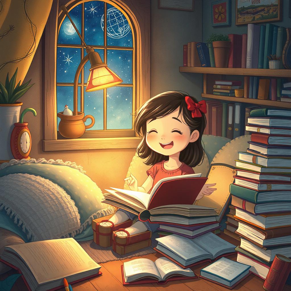 An enchanting and heartwarming illustration titled 'A menina que gostava de ler'