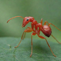 A detailed close-up view of a red ant, with emphasis on its intricate anatomy and vibrant red color against a leafy green background.