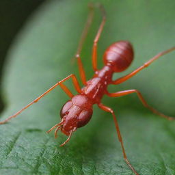 A detailed close-up view of a red ant, with emphasis on its intricate anatomy and vibrant red color against a leafy green background.