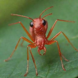 A detailed close-up view of a red ant, with emphasis on its intricate anatomy and vibrant red color against a leafy green background.