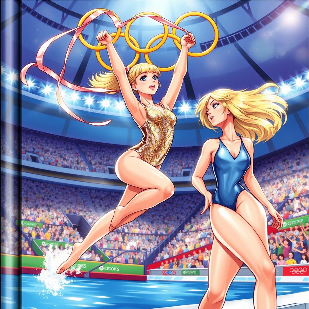 An illustrated cover depicting a dynamic scene of a blonde gymnast and a blonde swimmer at the Olympic Games