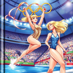 An illustrated cover depicting a dynamic scene of a blonde gymnast and a blonde swimmer at the Olympic Games