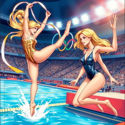 An illustrated cover depicting a dynamic scene of a blonde gymnast and a blonde swimmer at the Olympic Games