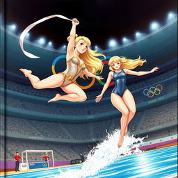 An illustrated cover depicting a dynamic scene of a blonde gymnast and a blonde swimmer at the Olympic Games