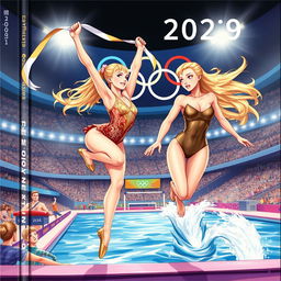 An illustrated cover depicting a dynamic scene of a blonde gymnast and a blonde swimmer at the Olympic Games