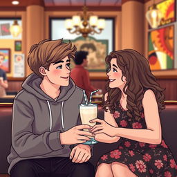 A cute teenage couple sitting together in a cozy cafe, holding hands and sharing a milkshake