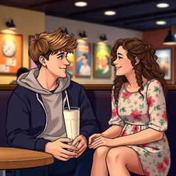 A cute teenage couple sitting together in a cozy cafe, holding hands and sharing a milkshake