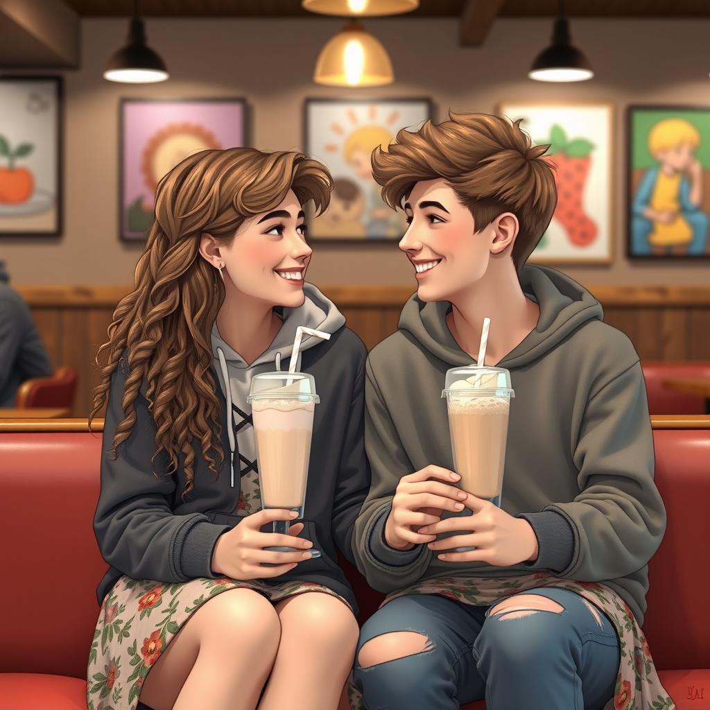 A cute teenage couple sitting together in a cozy cafe, holding hands and sharing a milkshake