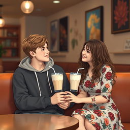 A cute teenage couple sitting together in a cozy cafe, holding hands and sharing a milkshake