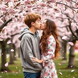 A cute teenage couple sharing a gentle kiss in a peaceful park setting, surrounded by blooming cherry blossom trees