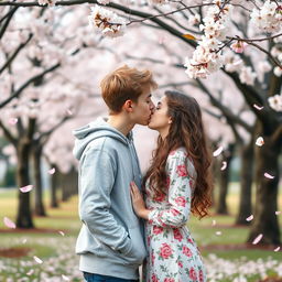 A cute teenage couple sharing a gentle kiss in a peaceful park setting, surrounded by blooming cherry blossom trees