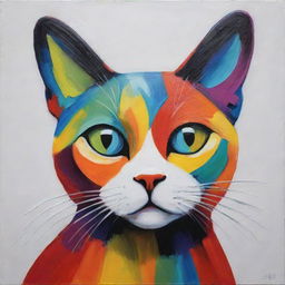 An abstract painting of a cat featuring bold, vibrant colors and unexpected shapes