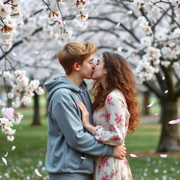 A cute teenage couple sharing a gentle kiss in a peaceful park setting, surrounded by blooming cherry blossom trees