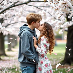 A cute teenage couple sharing a gentle kiss in a peaceful park setting, surrounded by blooming cherry blossom trees