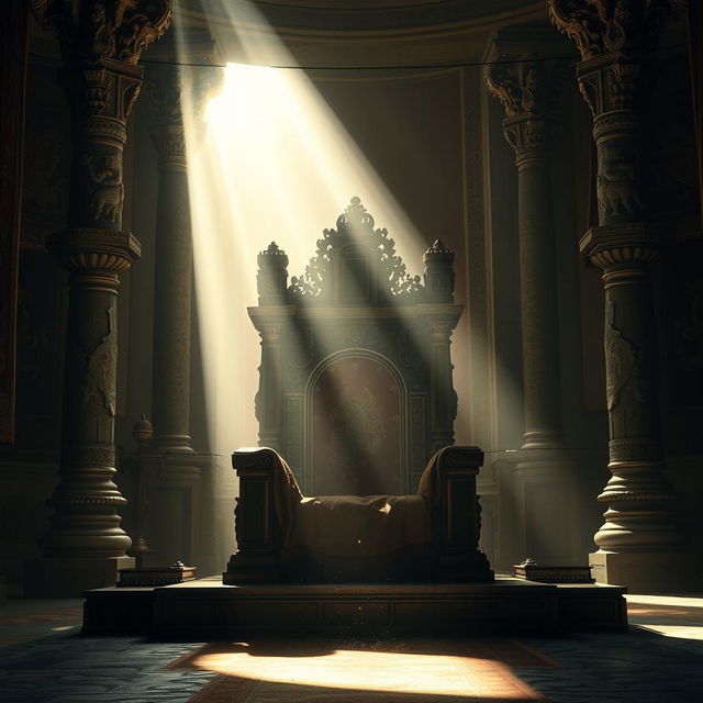 A poignant and atmospheric depiction of the empty throne of the Hastinapura kingdom, set in a grand and ancient throne room