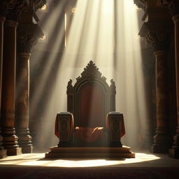 A poignant and atmospheric depiction of the empty throne of the Hastinapura kingdom, set in a grand and ancient throne room