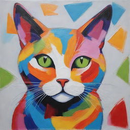 An abstract painting of a cat featuring bold, vibrant colors and unexpected shapes