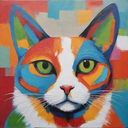 An abstract painting of a cat featuring bold, vibrant colors and unexpected shapes