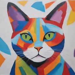 An abstract painting of a cat featuring bold, vibrant colors and unexpected shapes