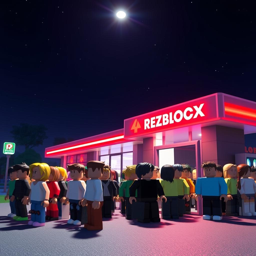 A nighttime scene in a Roblox world at a gas station, featuring many Roblox avatars queued up at the bathroom entrance