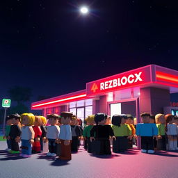 A nighttime scene in a Roblox world at a gas station, featuring many Roblox avatars queued up at the bathroom entrance