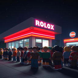 A nighttime scene in a Roblox world at a gas station, featuring many Roblox avatars queued up at the bathroom entrance