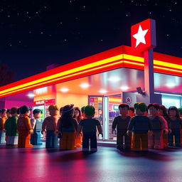 A nighttime scene in a Roblox world at a gas station, featuring many Roblox avatars queued up at the bathroom entrance