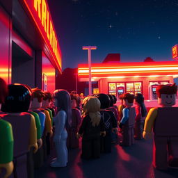 A nighttime scene in a Roblox world at a gas station, featuring many Roblox avatars queued up at the bathroom entrance