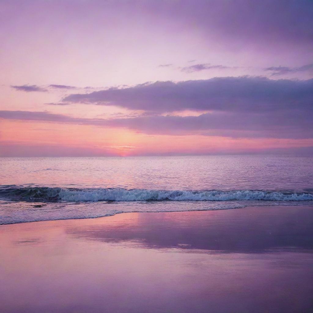 A serene sunset over a calm ocean, with vibrant hues of purple and pink reflected on the water's surface