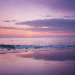 A serene sunset over a calm ocean, with vibrant hues of purple and pink reflected on the water's surface