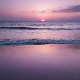 A serene sunset over a calm ocean, with vibrant hues of purple and pink reflected on the water's surface