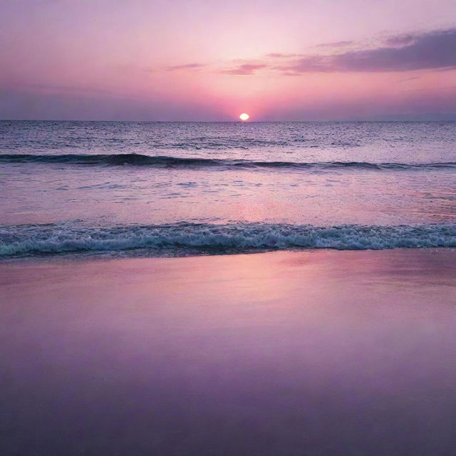 A serene sunset over a calm ocean, with vibrant hues of purple and pink reflected on the water's surface