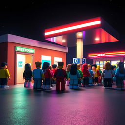 A nighttime scene set in a Roblox world at a gas station, featuring a lively queue of various Roblox avatars waiting outside a restroom entrance