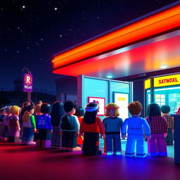 A nighttime scene set in a Roblox world at a gas station, featuring a lively queue of various Roblox avatars waiting outside a restroom entrance